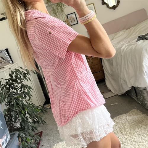 Image of Y2k Girls Vintage Coquette Button Down Shirt Women Short Sleeve V-Neck Slim Fitted T-Shirt Cute Blouse Crop Top