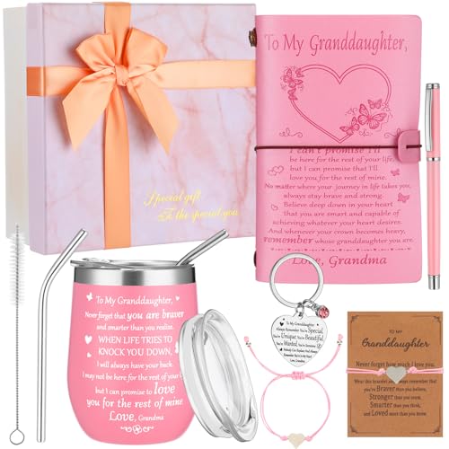 Lyrow 6 Pcs To My Granddaughter’s Gift Pink Leather Journal Tumbler with Lid Pen Keychain Bracelet with Greeting Card Gift Box for Christmas Birthday Graduation from Grandma Mom
