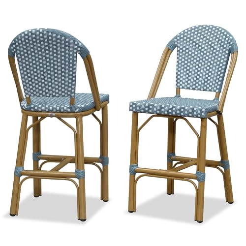 PURPLE LEAF Oversized Counter Bar Stools Bamboo Print Set of 2, Light Blue