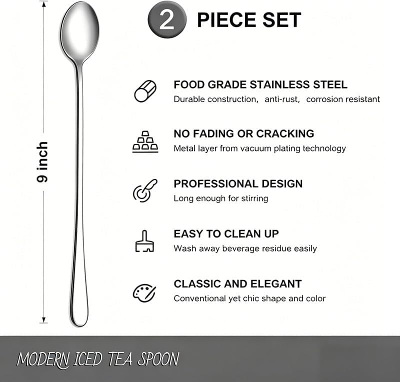 9 Inch Long Handle Iced Tea Spoons, Stainless Steel Coffee Spoons for Iced Tea, Latte, Ice Cream, Dessert and Cocktail Stirring, Reusable Metal Mixing Spoons, Set of 2(2-Pack, Silver)