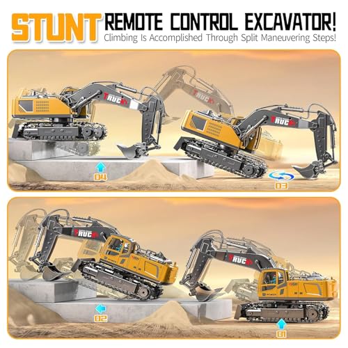 Image of 13CH Remote Control Excavator Construction Toy-2400mAh RC Excavator w /Metal Shovel /Spray /Lights /Sounds,2.4Ghz RC Bulldozer for Kid,RC Stunt Engineering Vehicles Toys Gift for 8-12 Year
