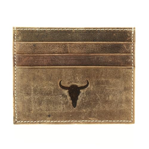 American Bison Men’s Leather Credit Card Holder – Embossed Bison Skull Slim Wallet with ID Window, 3 Card Slots, Slide Pocket – Wooden Gift Box (Brown)