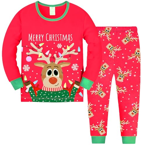 Image of TCWWBB Kids Christmas Pyjamas Age 7-8 Years Old Boys Girls Xmas Reindeer Pjs Set Children Sleepwear Cotton Long Sleeve Red Nightwear 2 Piece Outfit Clothes Set