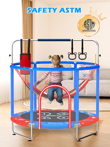 Image of BLUERISE 55IN 6FT Indoor /Outdoor Toddler Trampoline for Kids | Galvanized Steel Pipe，Multiple Activity Accessories，110lb，Safety Enclosure，Basketball Hoop，No-Gap Design，Anti-Rollover Bottom