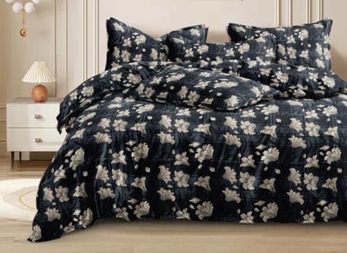 Image of 180 TC Cotton Feel All Around Elastic Fitted Bedsheets King Size, Premium Fitted Bedsheets King Size for Double Bed with 2 Pillow Covers, Size- 78 inch x 72 inch (Flower on Black)