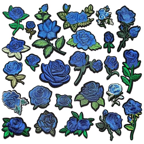 Patsusmile 25pcs Rose Iron on Patches, Assorted Sizes Blue Floral Embroidered Patches Applique for Clothes Hats Jeans Jacket