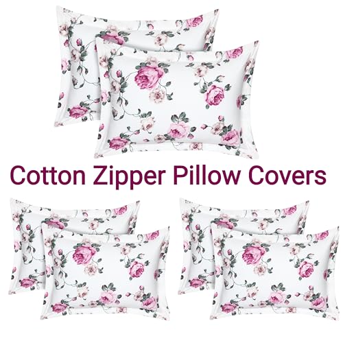 Image of HOUSE FOX Cotton Zip /Chain Pillow Covers /Cases /Protectors (NOT Pillow) Set of 3 Pair Or 6 Pcs,Size -18x28inch (FlowerPink, 18 X 28 inch)