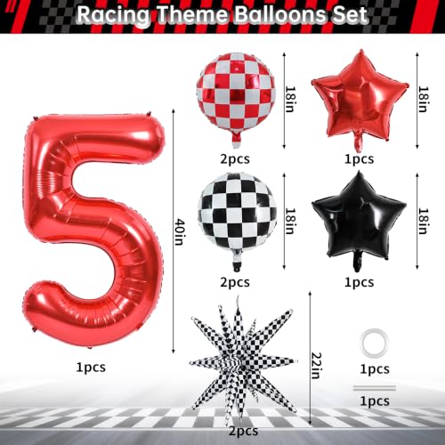 Image of TONIFUL Race Car Party Balloons Set - 40 Inch Red Number 5 Foil Balloon with Checkered Round, Explosion Star & Star Balloons for Boys 5th Birthday Car Themed Decorations, Photo Backdrop Supplies