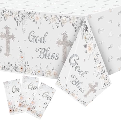 Image of God Bless Baptism Tablecloths - 3-Pack White Gold Baby Baptism Party Table Cover Silver Color Flower Cross Dosposable Plastic Waterproof Rectangle God Bless Tablecloth Baby First Communion