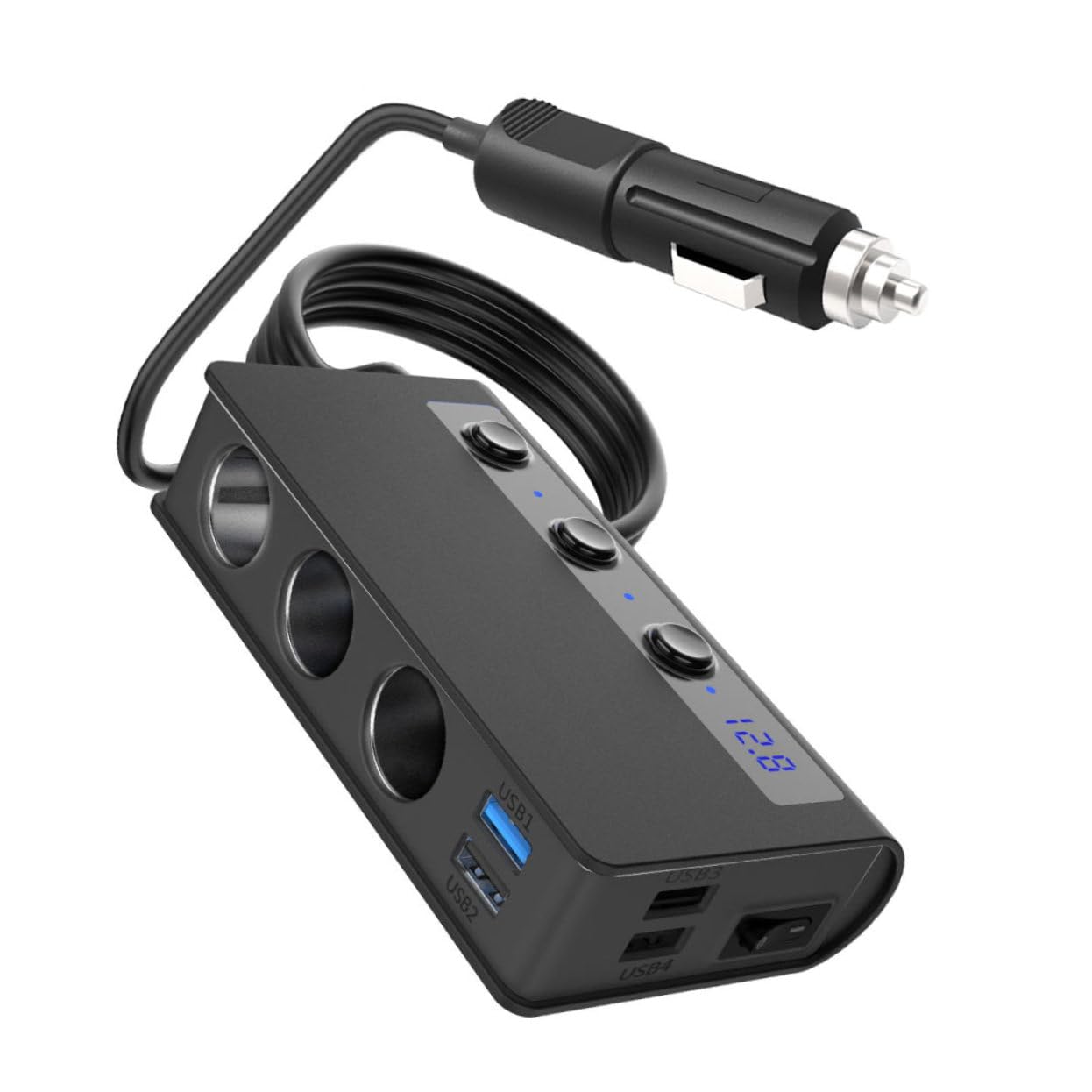 Gatuida Cargador de Coche 180 W 4 Puertos USB y 3 Tomas de Mechero, Luz Led, PC Negro, para Cargar Móviles y Accesorios
