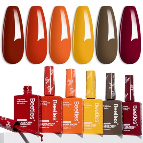 Image of Beetles Fall Gel Polish Set, 6 Colors 15ML Full Size Hema-Free Gel Polish | Burgundy Brown Dark Red Yellow Light Orange Kit Soak Off UV LED Hema Free DIY Home Salon Gifts for Women