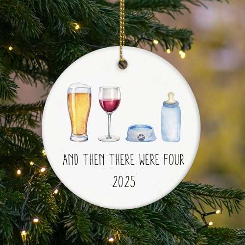 Image of and Then There were Four Ornament, Family of Four with Dog Ornament 2025, First Time Parents, from Dog Parent to Baby Christmas Ceramic