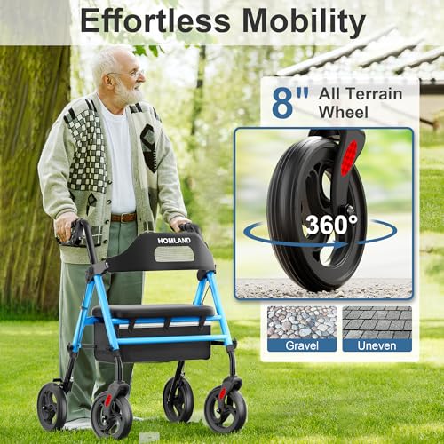 Image of HOMLAND Foldable Rollator Walker with Seat for Seniors, 16 inch Enlarged Seat | 8 inch Big Wheels, 16 inchx12 inchx1.9 inch Thick Padded Seat, Adjustable Seat & Handle Height, Tool-Free Assembly, All Terrain Mobility Aid