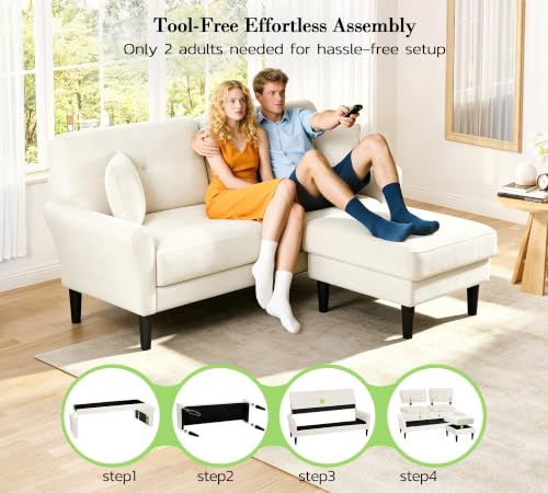 Image of Kidirect Small Sectional Couch, 69 inch L Shaped Couch, Sectional Sofa, White | Comfy Velvet Couch, Tool-Free Setup, 750lb Max Load, Movable Ottoman, Ideal for Living Room, Bedroom, Apartment, Office