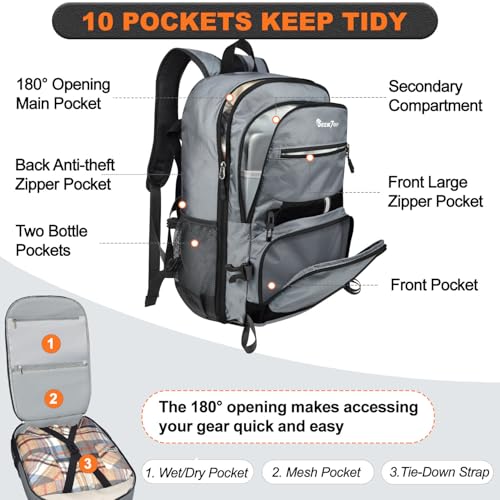 Seektop Lightweight Travel Backpack for Men Women, Multiple Pockets 40L Hiking Backpack Foldable Carry on Backpack for Outdoor Camping Sport Leisure (Gray) - image 2
