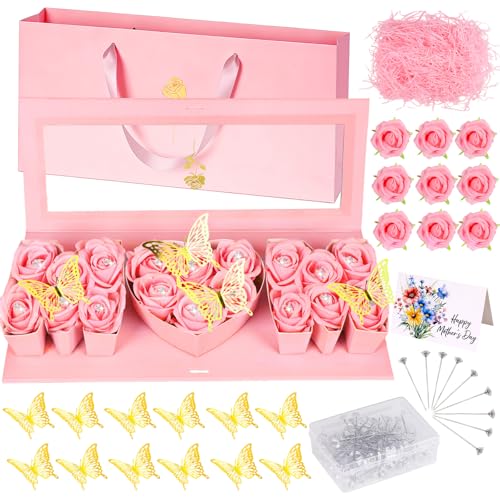 QAUYETM 76 Pcs Empty Mom Box Mothers Day Flower Gift Box Mom Letter-Shaped Thicker Fillable Flowers Boxes with Tote Bags Artificial Flowers Butterfly Decor for Mothers Day Anniversary Birthday (Pink)
