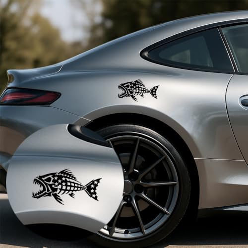 Image of 2Pcs - No Background - Waterproof Car Sticker Decal of Patriotic American Flag Fishing Bone Fish Design for Outdoor Enthusiasts and Nature Lovers (Black, 6.8'' x 3.8'') |k19952BL