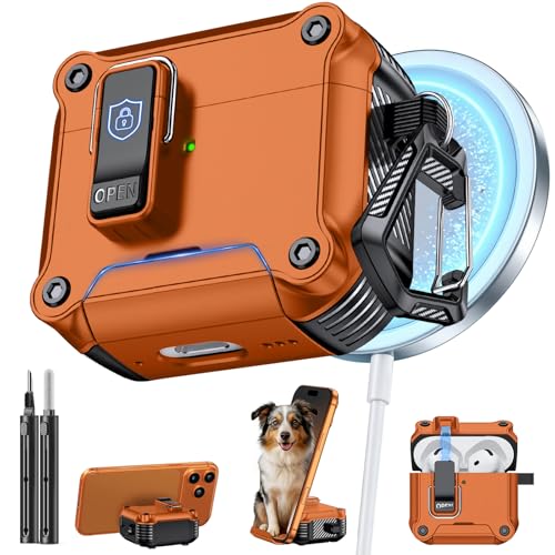 Image of Inesore for AirPods 4 Case with Secure Lock (Orange) | Phone Stand Design,Compatible with MagSafe,Automatic Snap Switch Secure Cover with Cleaner Kit & Keychain
