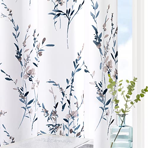 MYSKY HOME Navy Blue Floral Curtains 84 Inch Long for Living Room 2 Panels