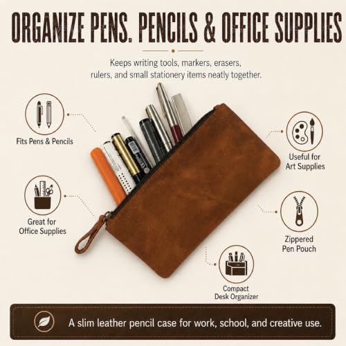 Image of Leather Pencil Pouch Money Bag, Tan | Currency Pouch, Zippered Pouch, Pen and Marker Case, For Artists & Professionals