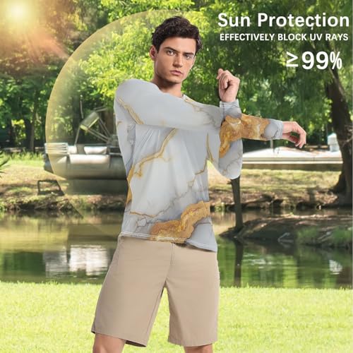 Marble White Yellow UPF 50+ Sun Shirts for Men Slim fit Elasticity UV Protection Long Sleeve Running4