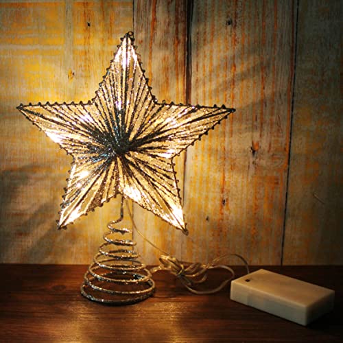 CVHOMEDECO. Silver Glittered 3D Tree Top Star with Warm White LED Lights and Timer for Christmas Tree Decoration and Holiday Seasonal Décor, 8 x 10 Inch - Thumbnail 3