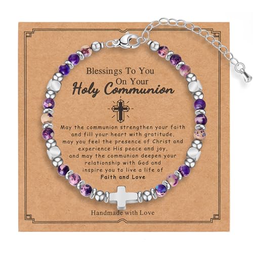 Image of Tiny Natural Gemstone Cross Charm Bracelet, Christian First Communion Gifts for Daughter Girlfriend Mother, Meaningful Jewelry