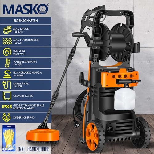 MASKO® Hochdruckreiniger 2200 Watt 165 bar 450 l/h, mit Spule Schlauchtrommel 10m Schlauch 9 TLG...