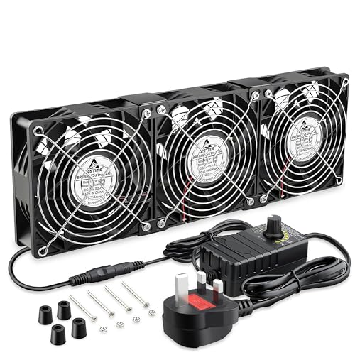 GDSTIME 3x120mm AC 230V/240V Cooling Fan with Speed Controller UK Plug, 116 CFM Each, Dual Ball Bearing 220V Computer Fan for Server Cabinet, AV Rack, Network Cabinet, PC Cooling, Ventilation