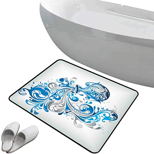 Alfombra de baño antideslizante Zodiaco acuario suave antideslizante Cucharón con líneas ornamentales remolinadas Artístico Desplazamiento del horóscopo,gris plateado azul cobalto, Para ducha Felpudo
