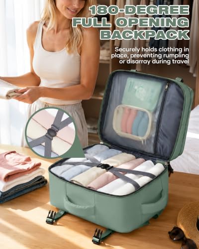 Image of suradar Travel Backpack for Women Men, Carry On Backpack Flight Approved Personal Item Travel Bag Laptop Backpack Waterproof Weekender Essentials Hiking Rucksack Casual Daypack Green