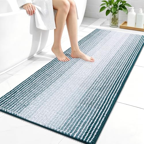 Image of OLANLY Bathroom Runner Rugs 47x24, Extra Soft Absorbent Chenille Striped Bath Rugs, Rubber Backing, Machine Wash Dry, Long Bath Mats for Bathroom, Tub, Shower, Home Decor Accessories, Peacock Blue
