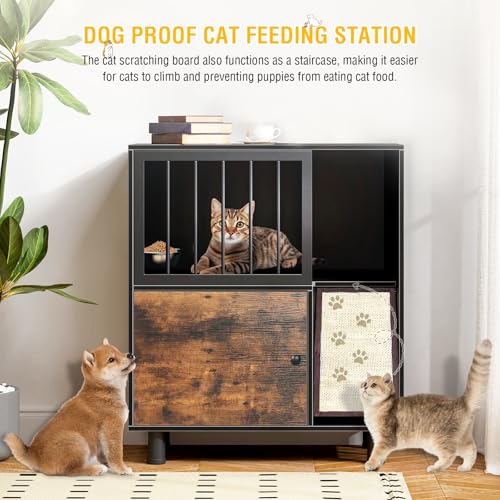 Dog Proof Cat Feeding Station, Cat Feeding Station, Pet Food Storage, Black | Raised Bowls for Indoor Cats, Elevated Food Bowls with Stand, Scratching Board, Stainless Steel Bowls - Image 3