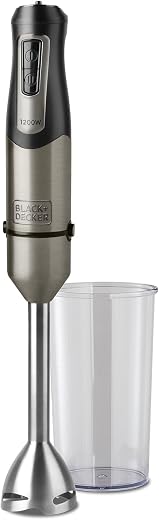 BLACK+DECKER - Frullatore a immersione 1200W | 20 velocità + Turbo | 4 lame in acciaio inox ad alte prestazioni | Gambo e accessori lavabili | Design ergonomico antischizzi