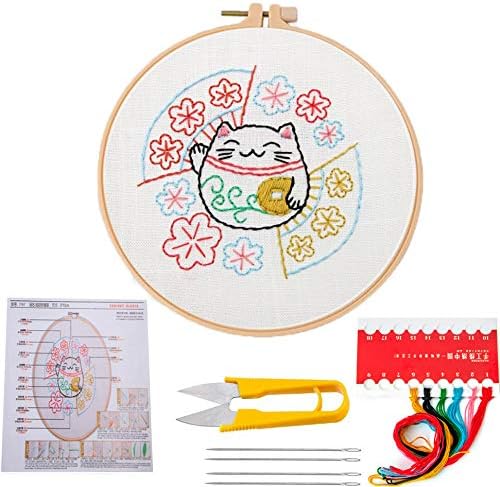 Embroidery Starter Kit Beginners Kit Including Cloth, Instructions, Embroidery Hoop, Color Threads and Embroidery Scissors for Adults and Kids(Lucky Cat)
