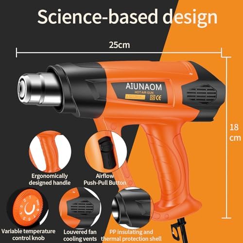 Bild 5 - Heißluftpistole 2000W AIUNAOM Heißluftfön 9 einstellbare Temperaturstufen 50℃- 650℃ Heissluftgebläse mit 5 Zubehör Überlastschutz Keramikheizkern Geeignet zum Heizen, Schweißen und Auftauen