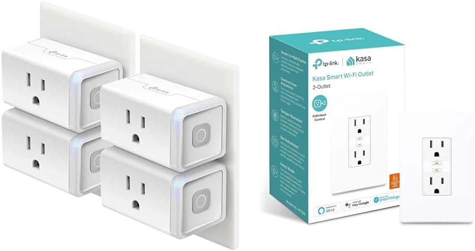Kasa Smart Plug by TP-Link – Smart Home WiFi Outlet, 2.4GHz WiFi Required, 15 Amp, UL Certified, 4-Pack & in-Wall WiFi Outlet by TP-Link – Neutral Wire and 2.4GHz Wi-Fi Connection Required