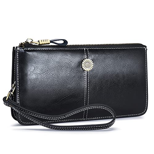 Lecxci Luxury Womens Genuine Leather Clutch Cell Phone Handbags, Zipper Wristlets Wallets Purse for Women (Black RFID Blocking)