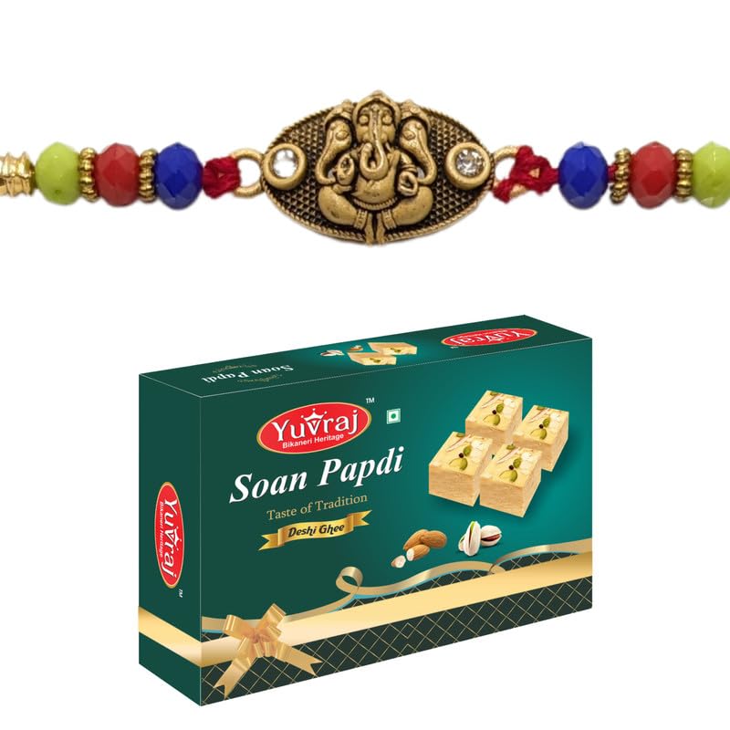 Yuvraj gold plated ganesha rakhi set for brother with sweets desi ghee patisa 200 gm | roli chawal pack-image-41