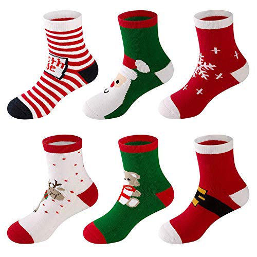 LifeWheel 6 Paires Chaussettes de Noël pour Enfants Filles Garçon, Chaussettes de Sport Coton Drôle respirant Non Glissement Epaisse