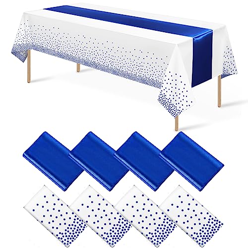 8Pack Disposable Plastic Tablecloths and Satin Table Runner White and Royal Blue Dot...