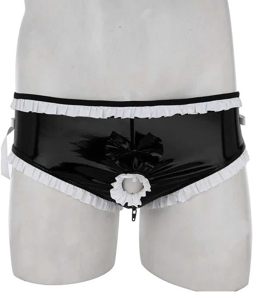 Men's Fetish Wet Look PVC Leather Frills Briefs with Hole for Daily Intimate Wear