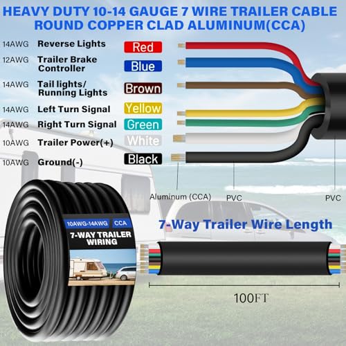 yyzimuqi 100 FT 10-14 AWG 7 Way Trailer Wiring Harness Heavy Duty 7 Wire Trailer Cable CCA 10-14 Gauge 7 Blade Round Conductor Cable Insulated Stranded Copper Clad Aluminum for RV Hitch Campers Trucks by yyzimuqi - Image 3