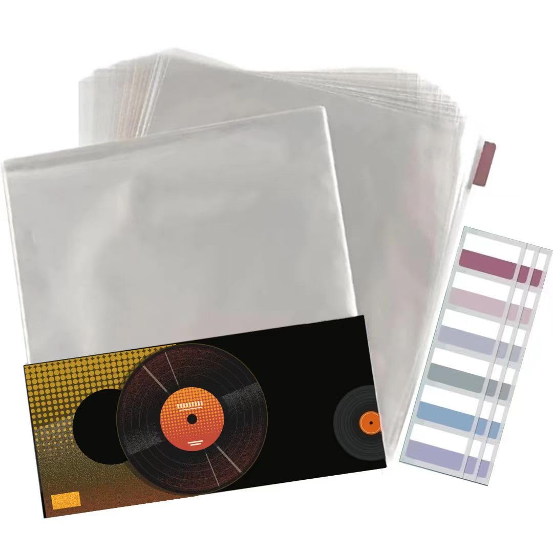 HanCheng 50x12 Pochette Vinyle 33 Tours|Extra Epaisses 140 Microns|avec Notes Autocollantes| Polypropylène Plastique Pochette Transparente|pour LPS Gatefold Simple et Double