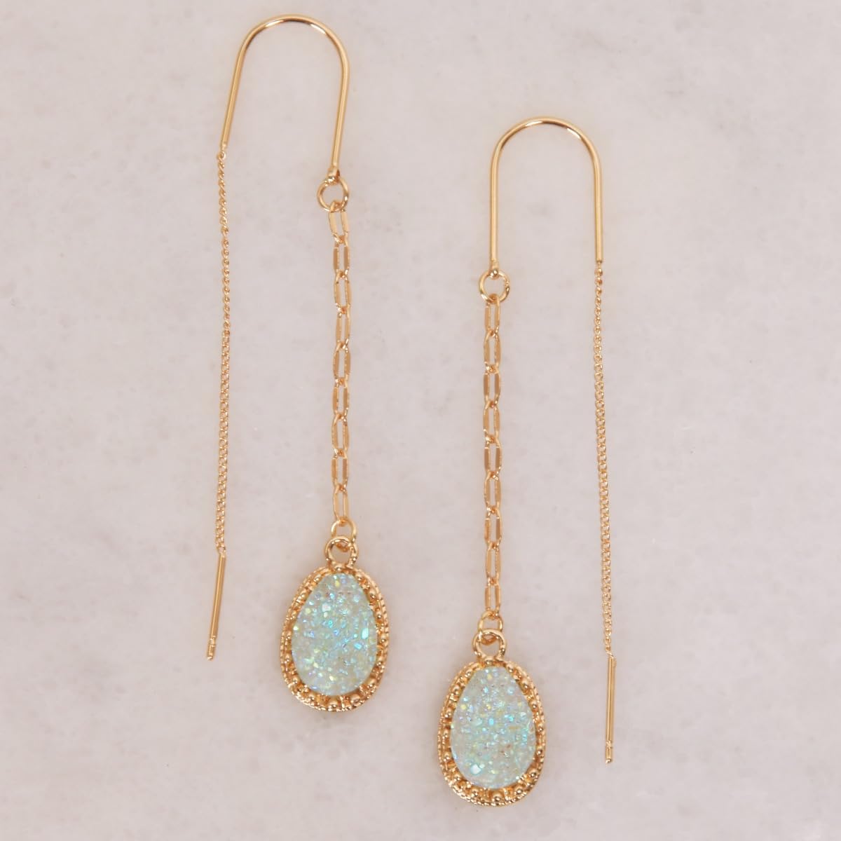 Simulated Druzy Threader Earrings for Women - Gold, Silver, or Rose Gold Tone Long Chain Earrings with Boho Created Geode Stone - Image 3