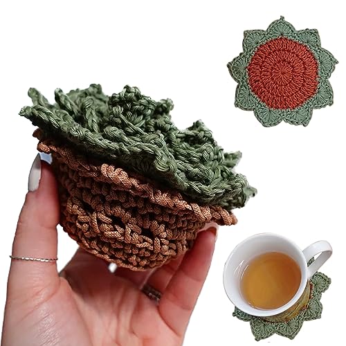 Fun Green Coasters Set of 5 for Drinks, Coffee, Desk Table - Unique Boho Succulent Decor, House Warming, Crochet Gifts for Plant Lovers