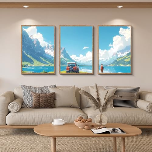 阪画屋 アートパネル アートボード ポスター 玄関 壁画 壁掛け 壁飾り 部屋飾り 飾り絵 絵 絵画 油絵 ソファの背景画 インテリア 現代 モダン フレーム 額付き 木枠付きの完成品 木目調 キャンバス 風水 風景画 プレゼント ギフト 30×40×3枚 [5]