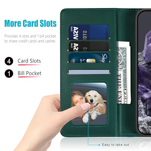 Kuafcase for Google Pixel 8 Case, 4 Card Slots Magnetic Closure Kickstand Shockproof Protective Phone Case for Google Pixel 8 - Green - Image 2