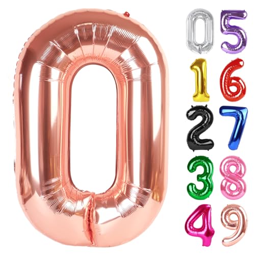 Image of Rose Gold Number 0 Balloon 40 Inch, 0 Balloon Number for 10th 20th 30th 40th 50th 60th Birthday Decorations, Rose Gold Party Supplies