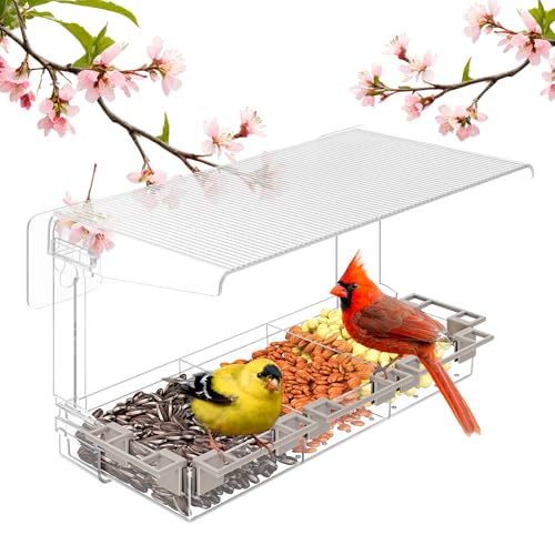 Clear Window Bird Feeder Outdoors - Bird Feeder for Viewing with 5 Perching Stands, Wavy roof, Self-Adhesive Hooks, Drain Holes and Removable Tray, as a Birdhouse, Garden Decor
